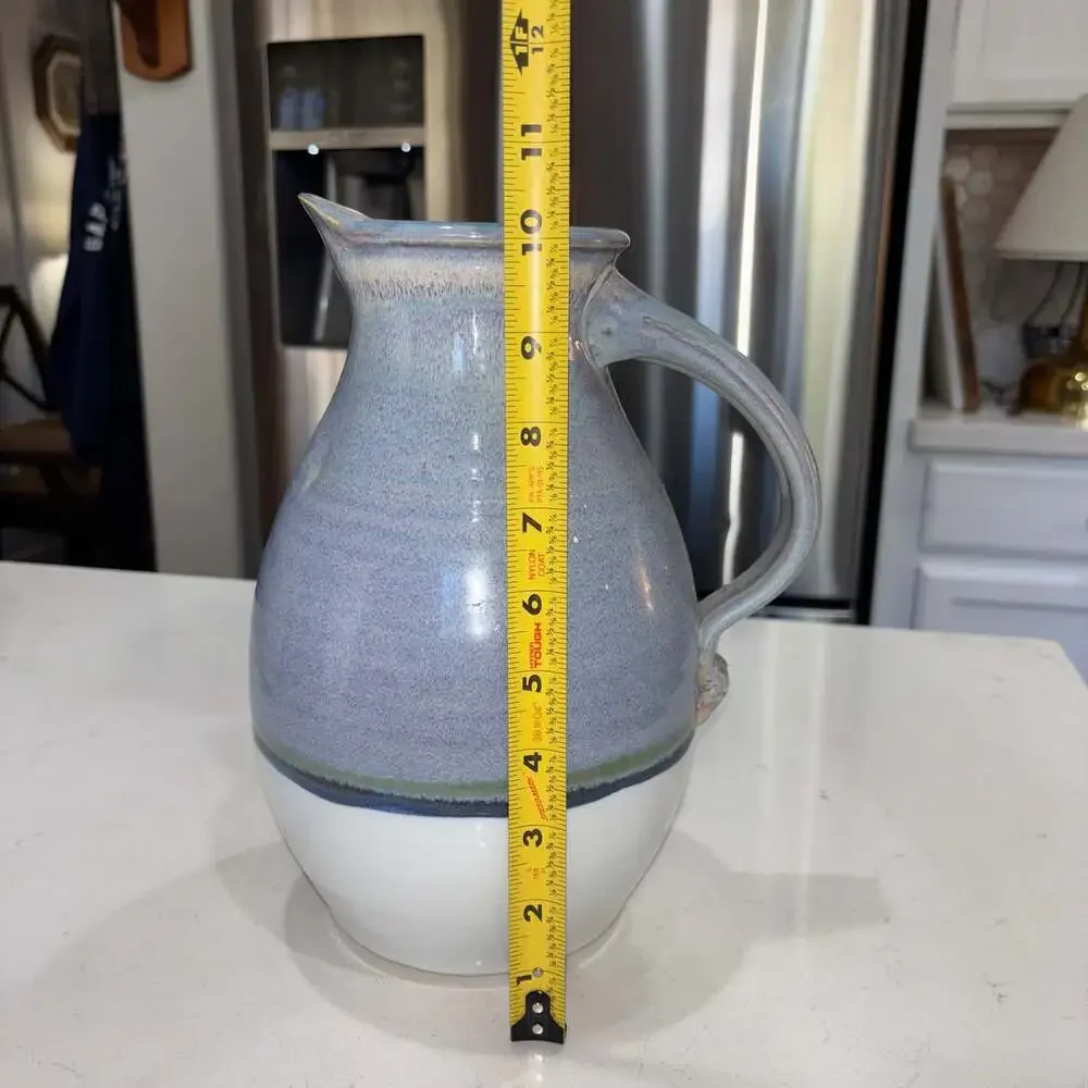 Handmade Studio Pottery Ceramic Pitcher with Blue and White Glaze